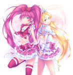  blonde_hair blue_eyes bow choker collarbone cure_melody cure_rhythm earrings flat_chest green_eyes hairband holding_hands houjou_hibiki jewelry long_hair magical_girl midriff minamino_kanade multiple_girls nanakusa pink_bow pink_choker pink_hair pink_legwear ponytail precure skirt smile staff_(music) standing suite_precure thighhighs twintails very_long_hair white_choker 
