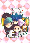  4boys bird black_hair blue_eyes blue_hair chibi coco_(toriko) crow hand_holding heart holding_hands kiss_(toriko) komatsu_(toriko) long_hair male male_focus multicolored_hair multiple_boys penguin pink_eyes sani_(toriko) short_hair terry_cloth toriko_(series) toriko_(toriko) wolf yougirasu 