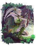  aiming archery armpits arrow bow_(weapon) cape copyright_request drawing_bow dress elf fingerless_gloves gloves high_heels holding holding_arrow holding_bow_(weapon) holding_weapon in_tree knife leaf outstretched_arm pointy_ears shoes solo squatting thighhighs toes tree urasato weapon white_hair yellow_eyes 