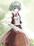  ascot blush childofa closed_umbrella green_hair hand_on_hip kazami_yuuka pale_skin plaid plaid_skirt plaid_vest red_eyes shaded_face short_hair skirt skirt_set slit_pupils smile solo touhou umbrella vest 