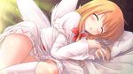  blonde_hair capelet closed_eyes dress highres lily_white lying lzh no_hat no_headwear on_side panties sleeping solo touhou underwear wallpaper white_panties wings 