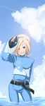  androgynous ash_crimson belt blonde_hair blue blue_eyes cloud day hairband kosumo male_focus sky solo the_king_of_fighters wading 
