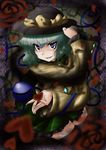  absurdres bad_id bad_pixiv_id black_legwear blue_eyes eyeball green_hair hand_on_headwear hat heart highres komeiji_koishi nekota_susumu open_mouth short_hair skirt smile solo thighhighs third_eye touhou 