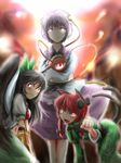  animal_ears arm_cannon black_hair blush bow braid cape fang glowing glowing_eyes green_bow hair_bow highres kaenbyou_rin komeiji_satori long_hair looking_at_viewer multiple_girls open_mouth paw_pose purple_eyes purple_hair red_eyes red_hair reiuji_utsuho short_hair smile tamasan third_eye touhou twin_braids twintails weapon 