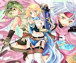  2girls blaze_union blonde_hair blue_eyes bow_(weapon) brown_hair crossbow gloves green_hair headband kakerayuri midriff mizer multiple_girls navel scarf silver_hair siskier thighhighs weapon zilva 