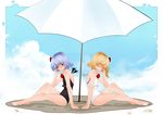  back-to-back barefoot bat_wings blonde_hair blue_hair casual_one-piece_swimsuit closed_eyes flandre_scarlet multiple_girls one-piece_swimsuit red_eyes remilia_scarlet short_hair siblings side_ponytail sisters st.neet swimsuit symmetry touhou wings 