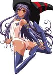  aoi_nagisa_(artist) arched_back armpits ass back blue_hair blue_legwear boots bridal_gauntlets brown_eyes flat_chest flexible floating from_behind gloves hajime_shindo hat high_heel_boots high_heels highres kobayakawa_sara latex latex_boots latex_gloves legs legs_up long_gloves long_hair looking_back magical_arms_angel_nana one-piece_tan one-piece_thong open_mouth panties partially_visible_vulva purple_hair shiny shiny_skin shoes simple_background sling_bikini solo spread_legs striped swimsuit tan tanline tanned thigh_boots thighhighs thong underwear very_long_hair white_background witch witch_hat 