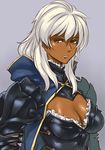  armor breasts brown_eyes cleavage dark_skin frills gus_(clarkii) lips long_hair medium_breasts original serious solo white_hair 