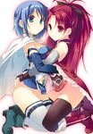  arms_around_waist bare_shoulders blue_eyes blue_hair boots cape detached_sleeves gloves hand_on_ass hand_under_clothes hand_under_skirt hug kneeling long_hair magical_girl mahou_shoujo_madoka_magica miki_sayaka multiple_girls no_panties ponytail red_eyes red_hair sakura_kyouko short_hair skirt skirt_lift smile staring sweatdrop takei_ooki thighhighs thighs yuri 