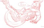  balls danza danza_(character) dragon eyes hair hindpaw horn horns knot lying male monochrome nose nude on_back paws penis plain_background precum red_and_white scalie solo tail tongue white_background 