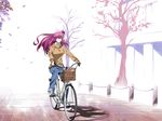  bangs bare_tree basket bicycle bicycle_basket brown_eyes denim floating_hair futaki_kanata ground_vehicle jeans k3_(dolphin_brain) little_busters! long_hair long_sleeves looking_away outdoors pants pavement purple_hair riding shadow shoes sneakers solo sunlight sweater tree wing_collar 
