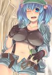  aaru_(tenrake_chaya) absurdres belt blue_eyes blue_hair breasts buckle gloves hair_bobbles hair_ornament hat highres kawashiro_nitori large_breasts midriff navel one_eye_closed open_mouth short_hair sleeves_rolled_up solo touhou two_side_up unzipped 