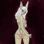 bikini blue_eyes brown brown_fur clothed clothing ears female fur hair hair_clip hairclip lagomorph lips looking_at_viewer looking_back looking_over_shoulder mammal rabbit rudy skimpy solo string swimsuit tight_clothing white_hair 