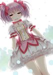  bad_id bad_pixiv_id bubble_skirt choker clothes_grab dutch_angle gloves hair_ribbon highres kaname_madoka magical_girl mahou_shoujo_madoka_magica nunucco petticoat pink_eyes pink_hair puffy_sleeves red_choker ribbon short_hair skirt skirt_grab solo tears twintails white_gloves 