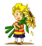  blonde_hair flower full_body lucas male_focus mother_(game) mother_3 open_mouth petals quiff shirt shoes shorts simple_background smile sneakers solo striped striped_shirt sunflower swammi tears 