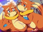  blue_eyes blush buizel censored cum face_markings female konbu male orange penis pok&eacute;mon split_tail straight sweat tail 