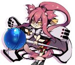  animal_ears arc_system_works bell belt black_panties blazblue bracelet candy cat_ears cat_eyes cat_tail female glasses jewelry kokonoe labcoat lollipop long_hair midriff multiple_tails orange_eyes panties pants pink_hair ponytail ribbon slit_pupils solo tail u_zuki_noko underwear uzukinoko white_background yellow_ribbon 