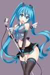  aqua_eyes aqua_hair detached_sleeves fingerless_gloves gloves hatsune_miku long_hair microphone microphone_stand midriff nail_polish navel necktie oga_raito shiny simple_background skirt solo thighhighs twintails very_long_hair vocaloid wide_hips wings zettai_ryouiki 