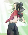  1boy ass bike_shorts black_hair character_request highres inazuma_eleven inazuma_eleven_(series) long_hair looking_back male male_focus nature outdoors riko_(artist) saginuma_osamu skin_tight solo 