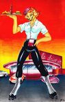  blue_eyes canine car cleavage dog drive_in_restaurant female food leather_pants movie poster rei_vegan rollerskates sixties smile solo waiter 
