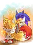  &hearts; blue blush bone_(artist) canine cuddle embarrassed fox hedgehog hug kitsune knuckles_the_echidna male miles_prower mobian multiple_tails red snuggle sonic_(series) sonic_the_hedgehog tail unknown_artist yellow 