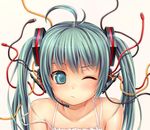  :/ ahoge android aqua_eyes aqua_hair cable collarbone face hatsune_miku headset highres long_hair namaru_(summer_dandy) one_eye_closed portrait robot_ears solo strap_slip twintails upper_body vocaloid wince 