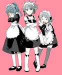  3boys alternate_costume ashamed bent_over blue_eyes blush crossdress crossdressing crossed_arms dress embarassed embarrassed enmaided eyebrows eyes_closed frown fubuki_shirou hair_over_one_eye inazuma_eleven inazuma_eleven_(series) kazemaru_ichirouta long_hair looking_at_viewer maid maid_headdress male male_focus multiple_boys open_mouth peace ponytail short_hair shorts shota simple_background skirt smile suzuno_fuusuke thighhighs trap v white_hair 