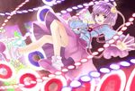  :d bobby_socks danmaku hairband heart komeiji_satori miyakure open_mouth outstretched_arms purple_eyes purple_hair short_hair skirt slippers smile socks solo spread_arms stained_glass third_eye touhou wide_sleeves 