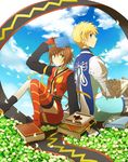  1girl armor blonde_hair book brown_hair flynn_scifo gloves goggles green_eyes rita_mordio satsu smile tales_of_(series) tales_of_vesperia thighhighs 