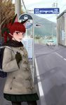  animal_ears bad_id bad_pixiv_id black_legwear braid bus_stop cat_ears coat contemporary extra_ears go-m highres kaenbyou_rin pantyhose pointy_ears red_eyes red_hair road scarf short_hair solo toggles touhou winter_clothes winter_coat 