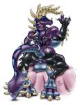  2002 back balls big_butt breasts butt dragon gideon herm horns huge_feet hyper hyper_balls hyper_breasts intersex muscles purple pussy rubber scalie spikes white_background 