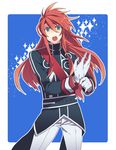  :o ahoge alternate_costume bad_id bad_pixiv_id belt eterno gloves green_eyes long_hair luke_fon_fabre male_focus open_mouth pants red_hair sidelocks simple_background solo sparkle tales_of_(series) tales_of_the_abyss uniform 