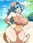  2019 anthro beach big_breasts bikini blue_hair breasts chalo clothing cloud digital_media_(artwork) eyebrows_visible_through_hair eyelashes eyewear female glasses green_eyes hair jasmine_(skidd) long_hair mammal mouse open_mouth outside ponytail rodent seaside signature sky solo swimsuit wide_hips 