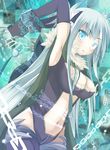  aqua_eyes armpits arms_up bad_id bad_pixiv_id breasts chain cleavage dragon_girl grey_hair large_breasts long_hair midriff mishima_kurone monocle monster_girl original restrained solo thighhighs very_long_hair 