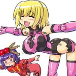  2girls :d ^_^ artille bent_over blonde_hair blue_hair blush bouncing_breasts breast_envy breasts busou_shinki closed_eyes dd_(ijigendd) doll_joints kohiru large_breasts looking_at_breasts mecha_musume multiple_girls open_mouth outstretched_arms short_hair smile spread_arms thighhighs 