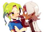  2boys dark_skin green_hair inazuma_eleven inazuma_eleven_(series) kinako_(462) midorikawa_ryuuji multiple_boys pinching segata_ryuuichiro white_hair 