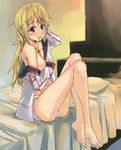 bad_id bad_pixiv_id bare_shoulders barefoot bed blonde_hair breasts charlotte_dunois hand_behind_head infinite_stratos jewelry kno1 legs_up long_hair medium_breasts mouth_hold necklace nipples off_shoulder panties purple_eyes ring sitting solo underwear white_panties 
