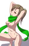  arms_behind_head barefoot blush breasts brown_eyes brown_hair clearite clenched_teeth embarrassed futami_mami idolmaster idolmaster_(classic) idolmaster_2 medium_breasts naked_scarf nipples nude pubic_hair scarf side_ponytail solo squatting teeth 