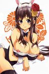  5522 animal_ears bad_id bad_pixiv_id blue_eyes breasts brown_hair bunny_ears bunny_tail bunnysuit flower hair_flower hair_ornament large_breasts long_hair lying nipple_slip nipples on_side original solo tail wrist_cuffs 