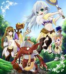  2girls androgynous armor blue_eyes blue_hair breasts brown_hair clavat cleavage final_fantasy final_fantasy_crystal_chronicles goblin lilty monster multiple_girls outdoors racket selkie sky smile weapon wistaria-blue yuke 