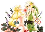  1girl artist_request blonde_hair blue_eyes blush earrings flower gloves hat jewelry link long_hair pointy_ears princess_zelda the_legend_of_zelda the_legend_of_zelda:_ocarina_of_time 