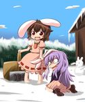  :d :x animal_ears brown_hair bunny_ears chibi dokuta ear_grab hammer highres inaba_tewi long_hair multiple_girls open_mouth purple_hair red_eyes reisen_udongein_inaba scared short_hair smile snow touhou violence 