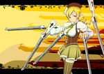  beret blonde_hair breasts cross drill_hair gun hair_ornament hat large_breasts letterboxed magical_girl magical_musket mahou_shoujo_madoka_magica murakumo1987 pleated_skirt puffy_sleeves rifle skirt solo thighhighs tomoe_mami weapon yellow_eyes 