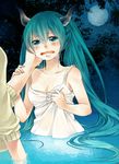  aqua_eyes aqua_hair bad_id bad_pixiv_id bare_shoulders dress full_moon hand_on_another's_face hatsune_miku horns long_hair minotaur_(vocaloid) moon nemutagari out_of_frame partially_submerged sleeveless solo_focus tears twintails vocaloid water 