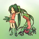  :3 gen_3_pokemon gloves green_hair grovyle hitec kneehighs midriff moemon personification pokemon pokemon_(creature) ponytail skirt v-shaped_eyebrows yellow_eyes 