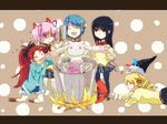  :3 ^_^ akemi_homura biting black_hair blonde_hair blue_hair boots bow butcher_knife charlotte_(madoka_magica) closed_eyes cooking denim denim_shorts drill_hair hair_bow hairband inouenoki kaname_madoka kyubey long_hair mahou_shoujo_madoka_magica mami_mogu_mogu miki_sayaka multiple_girls pantyhose pink_hair plaid plaid_skirt ponytail purple_eyes red_eyes red_hair sakura_kyouko school_uniform short_hair short_twintails shorts skirt tomoe_mami twintails 