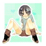  androgynous black_eyes black_hair boots bow boy frown hair_bow high_heels male male_focus original short_hair shorts sitting sweater thighhighs trap 