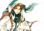  brown_eyes cape coat gensou_suikoden gensou_suikoden_ii grin kinota male_focus red_hair seed_(suikoden) simple_background smile solo 