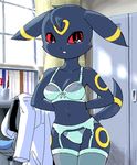  black bra face_markings female g-sun looking_at_viewer markings panties pok&eacute;mon red_eyes solo standing tail umbreon underwear undressing 