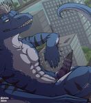  big_muscles blue_dragon building buildings danza danza_(character) dragon erection eyes giant grin hair horn knot macro male mouth muscles nude penis scalie solo tail teeth tree vein wood 